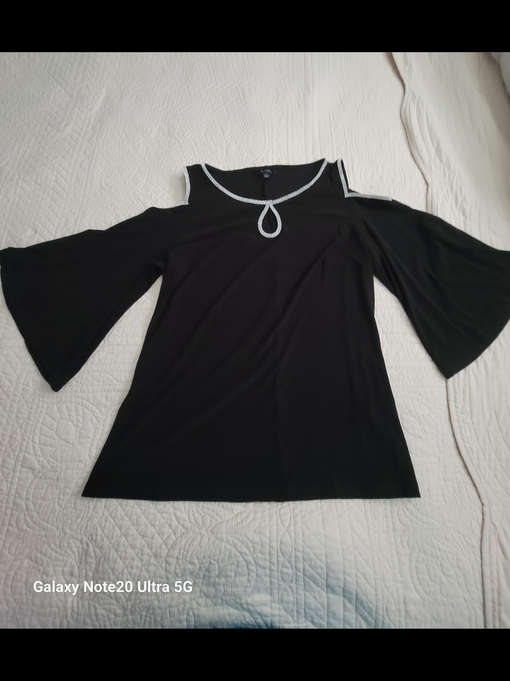 MSK Black Cold‑Shoulder Bell‑Sleeve Top w/Sparkly Silver Accent Trim – Size L